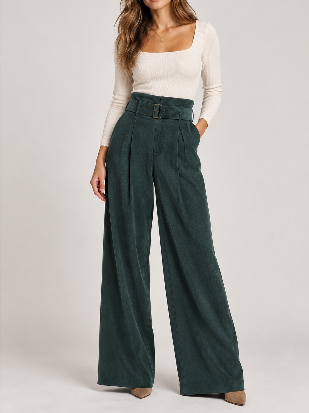 CIDER Dark Green Corduroy Paperbag Wide Leg Belted Pants NWOT